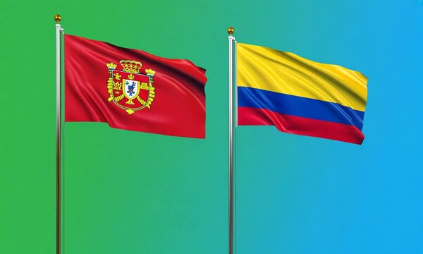 Montenegro and Colombia flags flying together, video concept of the relationship with colored chroma key for easy background remove, two country cooperation concept