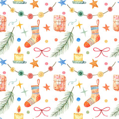 Pattern for New Year and Christmas. Patern with Christmas decorations isolated on a white background. Watercolor illustration: sock, gift, ribbon, present, stars, candle, cookies.