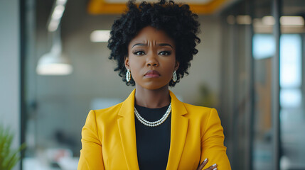 Worried business woman standing in a modern office