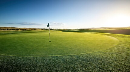 Sunlit golf course with flagstick in hole and vast green