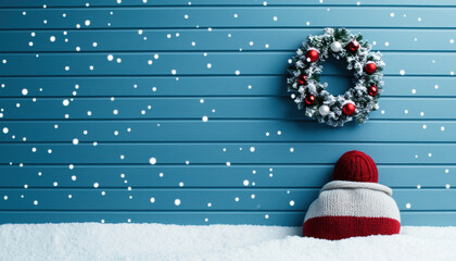 A cozy winter scene featuring a knitted hat against a blue wooden wall, adorned with a festive wreath and gentle falling snowflakes.