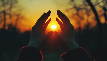 Naklejka premium Two hands in silhouette, almost touching with a dramatic sunset behind, representing hope, support, and compassion during times of need, warm gradient sky