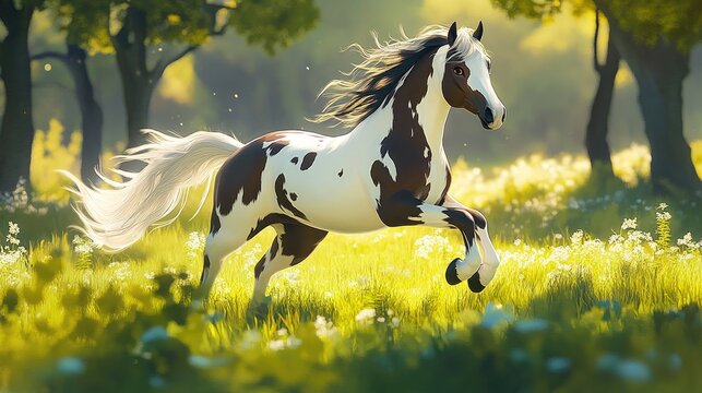 Stunning overo paint horse stallion galloping freely in a lush summer field equestrian photography