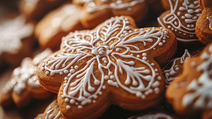Handcrafted Gingerbread Star Cookie With Decorative Icing, Christmas Treat. Gingerbread Cookies With Holiday Icing