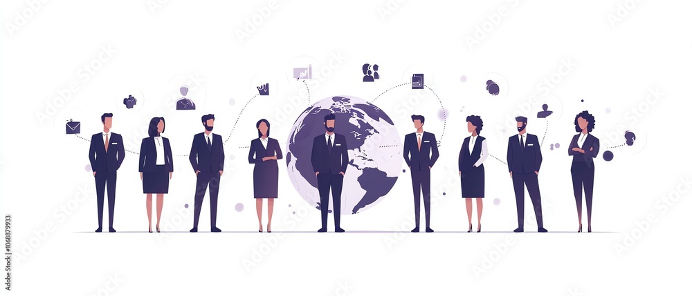 Aufkleber a clean flat design featuring business people in formal attire linked by circles around the globe, d