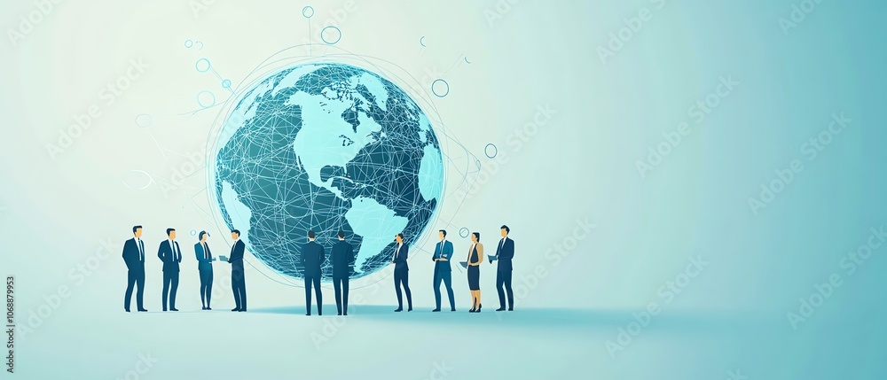 Poster A clean flat design featuring business people in formal attire linked by circles around the globe, depicting a global network for remote work collaboration