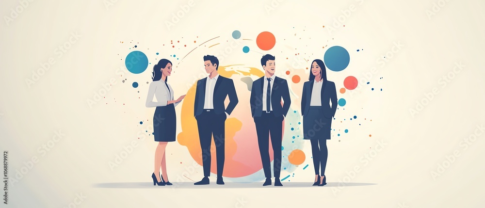 Poster A clean flat design featuring business people in formal attire linked by circles around the globe, depicting a global network for remote work collaboration