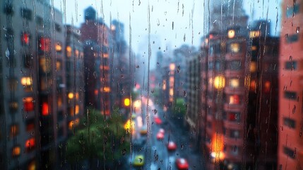 Obraz premium View through a rain soaked window showcasing blurred apartment buildings creating a tranquil urban atmosphere