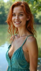 Obraz premium Beautiful redheaded girl enjoying a summer day in the park.