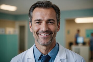 Obraz premium Close portrait of a smiling 40s Monacan man doctor looking at the camera, Monacan hospital blurred background