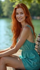 Beautiful redheaded girl enjoying a summer day in the park.