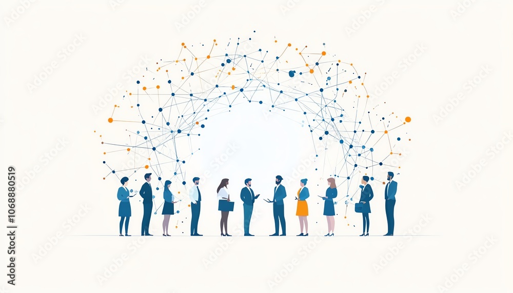 Poster a flat illustration of diverse professionals in business outfits connected by circular links encircl