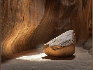 A large rock sits in the middle of a sandstone canyon, bathed in soft sunlight.