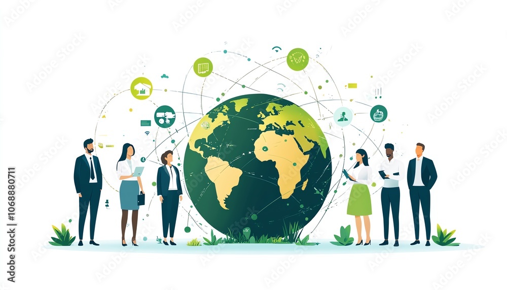 Poster a flat illustration of diverse professionals in business outfits connected by circular links encircl