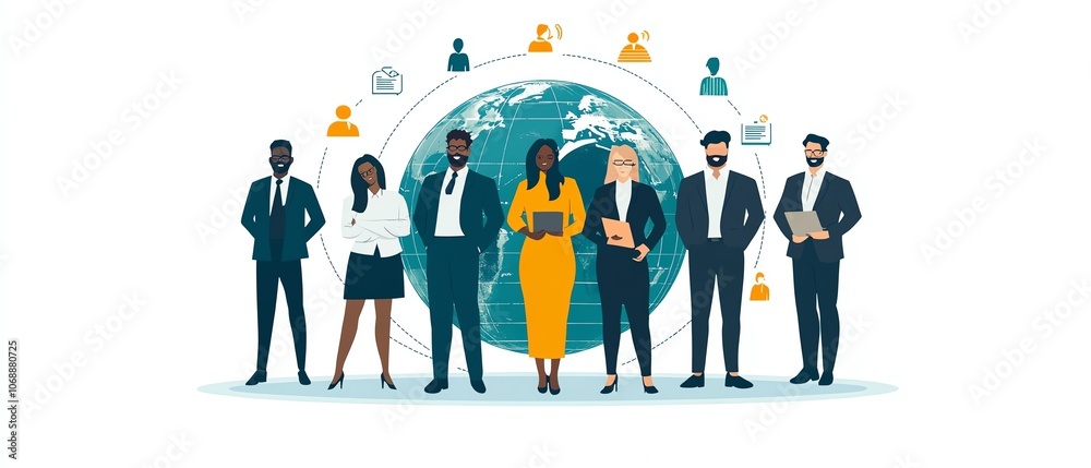 Aufkleber a flat illustration of diverse people in business attire connected by circular lines around the glob