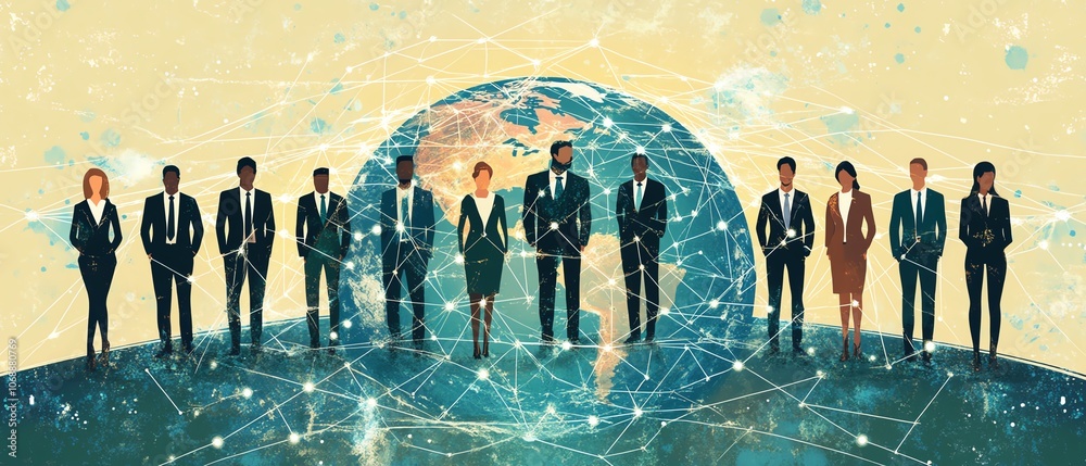 Poster a flat illustration of diverse business people in formal outfits standing on earth, linked by circul