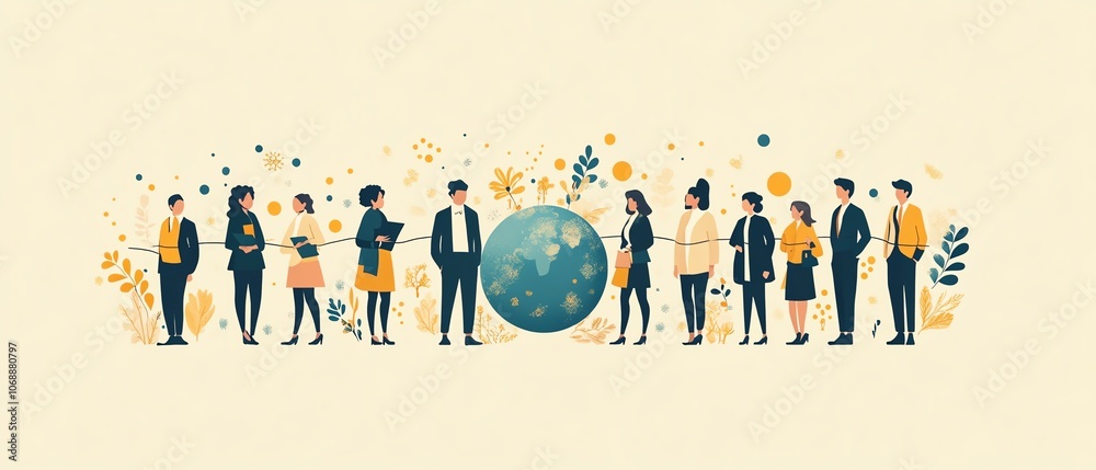 Aufkleber A flatstyle design of business professionals in work attire connected by circular links around the globe on a beige background, symbolizing global teamwork and remote work