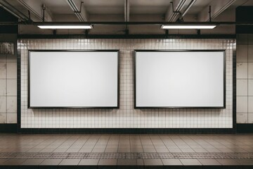 Empty white ad spaces in a sleek, modern subway station