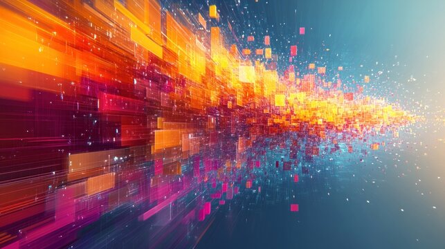 Abstract digital background with colorful glowing blocks moving fast through a blue and white gradient.