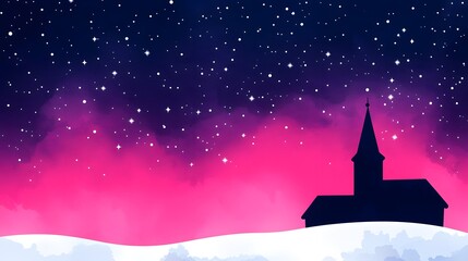 Naklejka premium A Serene Christmas Night with Stars Twinkling Over a Quiet Church Beneath an Auroral Sky. Cozy Christmas Concept