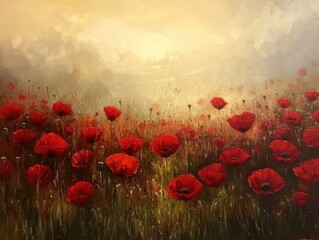Obraz premium A field of red poppies in a misty golden light. The flowers stand tall and proud against the soft background.
