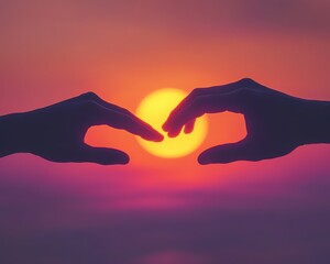 A pair of silhouetted hands reaching towards each other with the sun setting in the background, symbolizing hope and support, soft orange and purple gradient sky