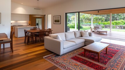 Fototapeta premium A modern living room featuring a light-colored sofa, wooden furniture, and large windows opening to a green outdoor area.
