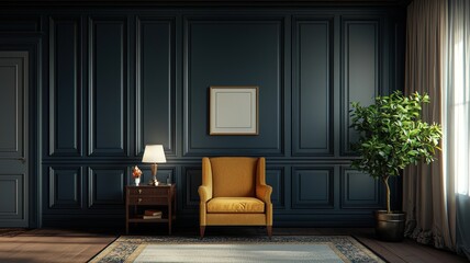 Fototapeta premium A cozy living space featuring a yellow armchair, a plant, and a dark paneled wall, creating an inviting and elegant atmosphere.
