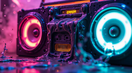 Neon liquid oozing from a melted boombox with luminous lights. Music concept