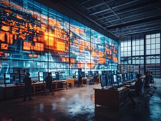 Logistics Control Center with Real Time Data Monitoring and Teams Overseeing Goods Flow