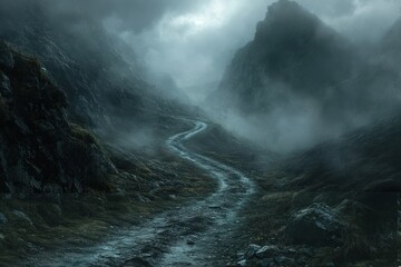 Obraz premium A winding dirt road leads through a misty mountain valley. The road is barely visible, fading into the dense fog.