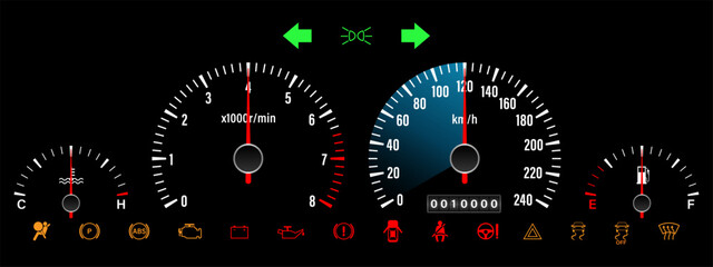 Fototapeta premium Car Dashboard. Car Panel Display. Car Speedometer Dashboard. Tachometer or Odometer Display. Vector Illustration.