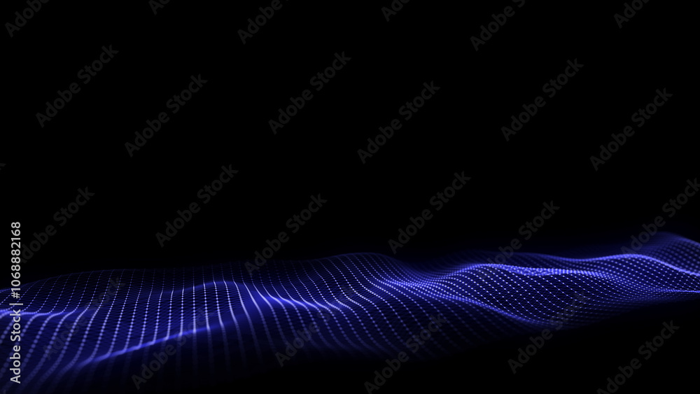 Aufkleber abstract wave with blue light on black background. science background with moving dots. network conn