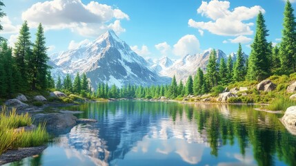Fototapeta premium Picturesque mountain peaks reflected in a crystal clear pond surrounded by a lush coniferous forest a scenic tourist destination and a haven for nature lovers
