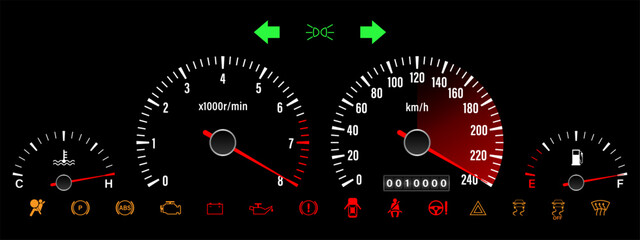 Fototapeta premium Car Dashboard. Car Panel Display. Car Speedometer Dashboard. Tachometer or Odometer Display. High Speed Concept. Vector Illustration.