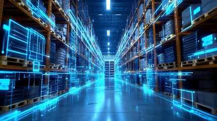 Futuristic Digital Warehouse Blueprint with Holographic Inventory Management