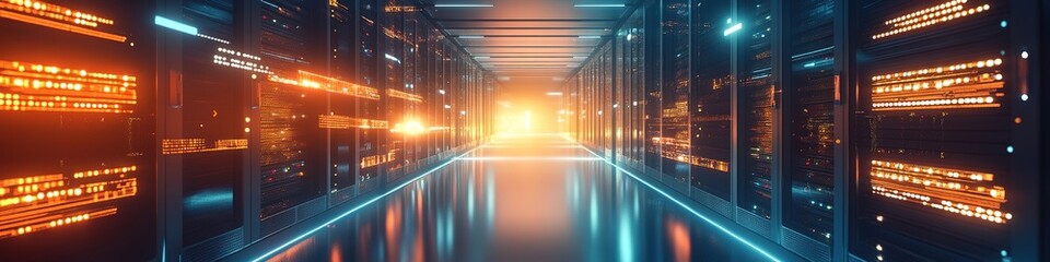 Futuristic server room with glowing lights and reflections