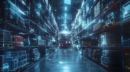 Futuristic Digital Warehouse Blueprint with Holographic Inventory Management System