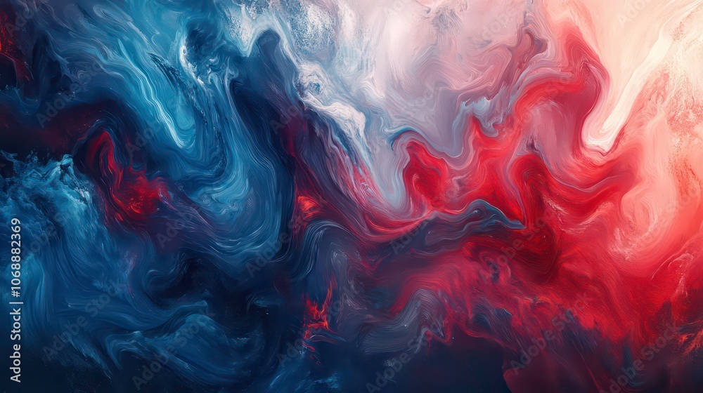 Poster A dynamic and flowing composition created by swirling lines of red and blue hues
