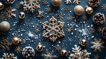 Festive arrangement of Christmas decorations and treats on a dark background during the holiday season