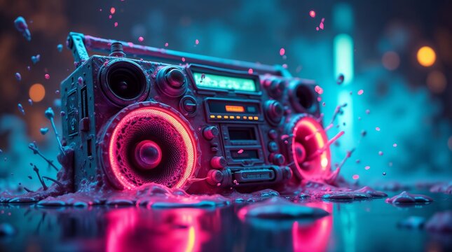Deformed boombox exuding neon liquid and radiant lights. Music, audio, sound concept