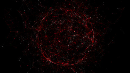 Abstract fire red sphere on black background. Wireframe circle structure with glowing particles and lines. Futuristic digital illustration. 3D rendering.