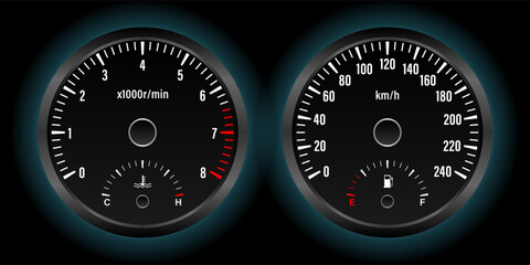 Car Dashboard. Car Panel Display. Car Speedometer Dashboard. Tachometer or Odometer Display. Vector Illustration.