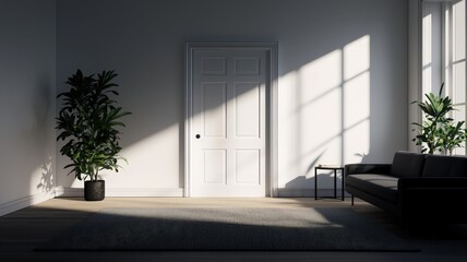 Fototapeta premium A minimalist room showcasing plants, a couch, and a door, illuminated by natural light, creating a serene and inviting atmosphere.