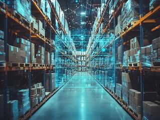 Futuristic Warehouse with Holographic Inventory Management and Smart Logistics Solutions