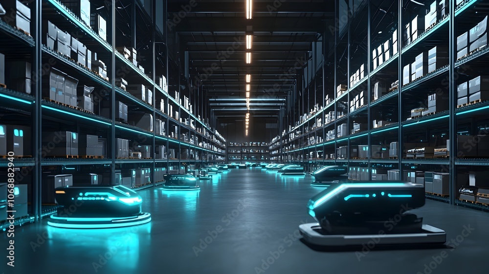 Poster futuristic automated warehouse with glowing sensors guiding autonomous robots for precise logistics