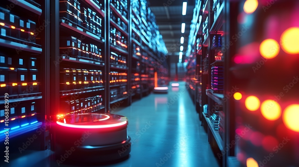 Poster futuristic smart warehouse with autonomous robots picking packing and sorting packages