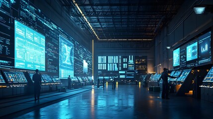 Futuristic Supply Chain Control Room Monitors Real Time Shipments and Inventory Levels