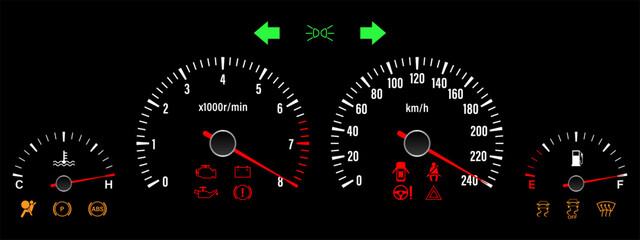 Fototapeta premium Car Dashboard. Car Panel Display. Car Speedometer Dashboard. Tachometer or Odometer Display. High Speed Concept. Vector Illustration.