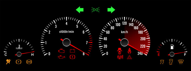 Fototapeta premium Car Dashboard. Car Panel Display. Car Speedometer Dashboard. Tachometer or Odometer Display. High Speed Concept. Vector Illustration.